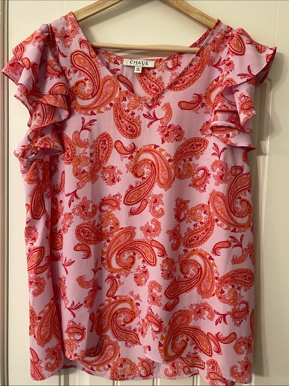 Chaus Pink Paisley Ruffle Cap Sleeve Blouse